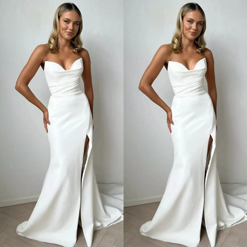 Schlichte Satin Meerjungfrau Brautkleider Herzausschnitt Seitenschlitz Strand Brautkleid