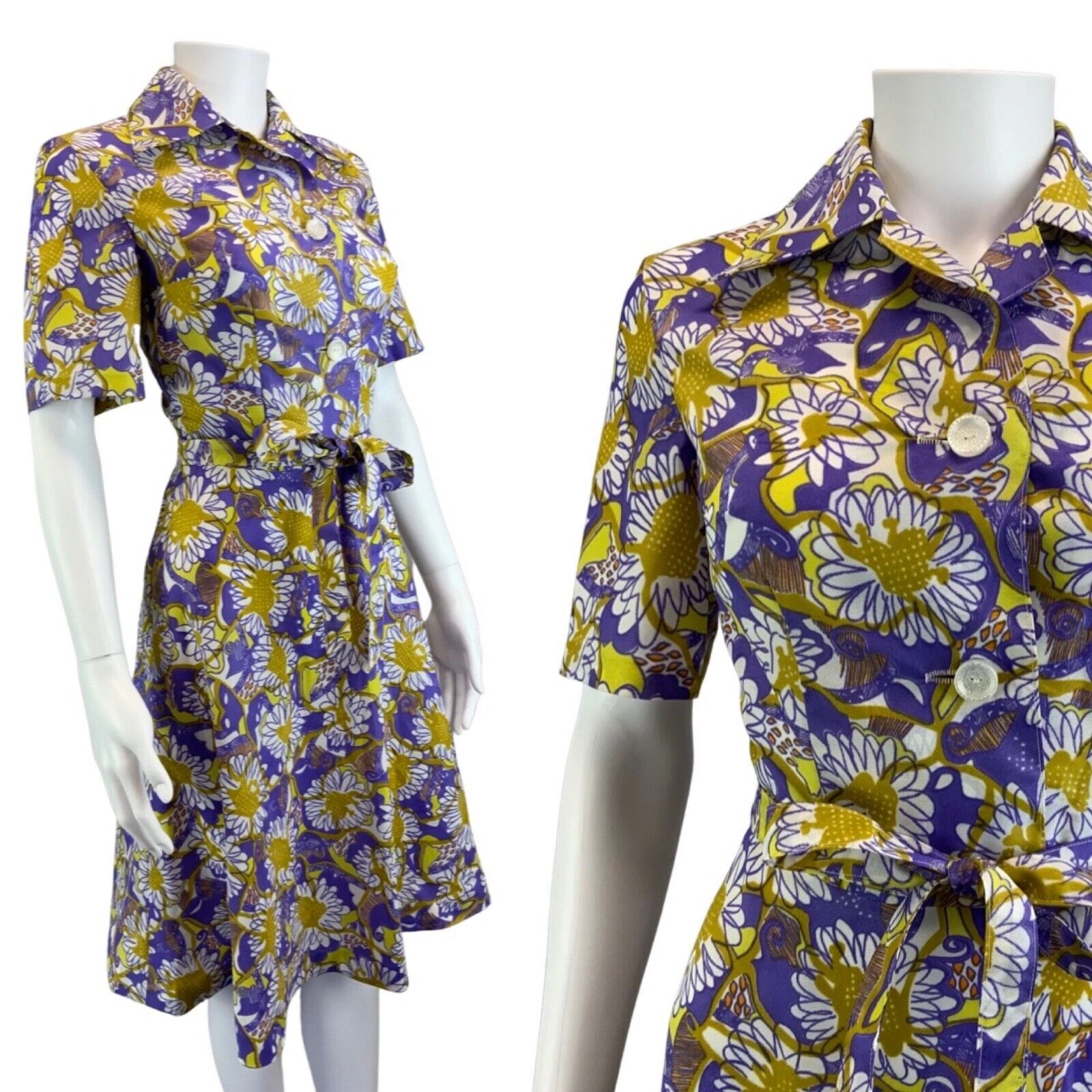 Vintage 70s Purple Yellow Floral Psychedelic Belted Dagger Shirt Dress 8 10 S