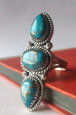 Drei Steine Türkis Komposit Ring Oval Träne Sterlingsilber Gemarkt 925