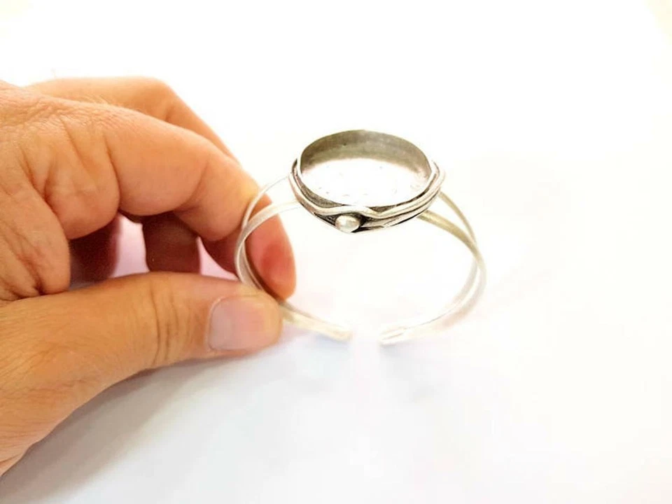 椭圆形手链空白袖口可调节古董镀银黄铜 Diy G7670 — 第 2/4 张图片