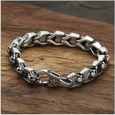  Real Solid 925 Sterling Silver Link Bracelet Skull Chain Jewelry 7.9''