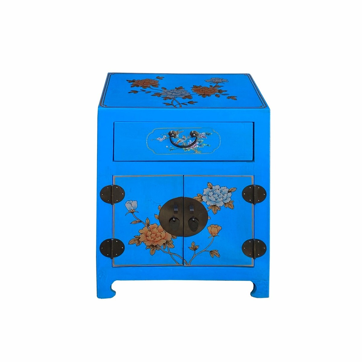 Chinese Bright Blue Vinyl Moon Face Flower Birds End Table Nightstand cs7131S Chinese Bright Blue Vinyl Moon Face Flower Birds End Table Nightstand cs7131S