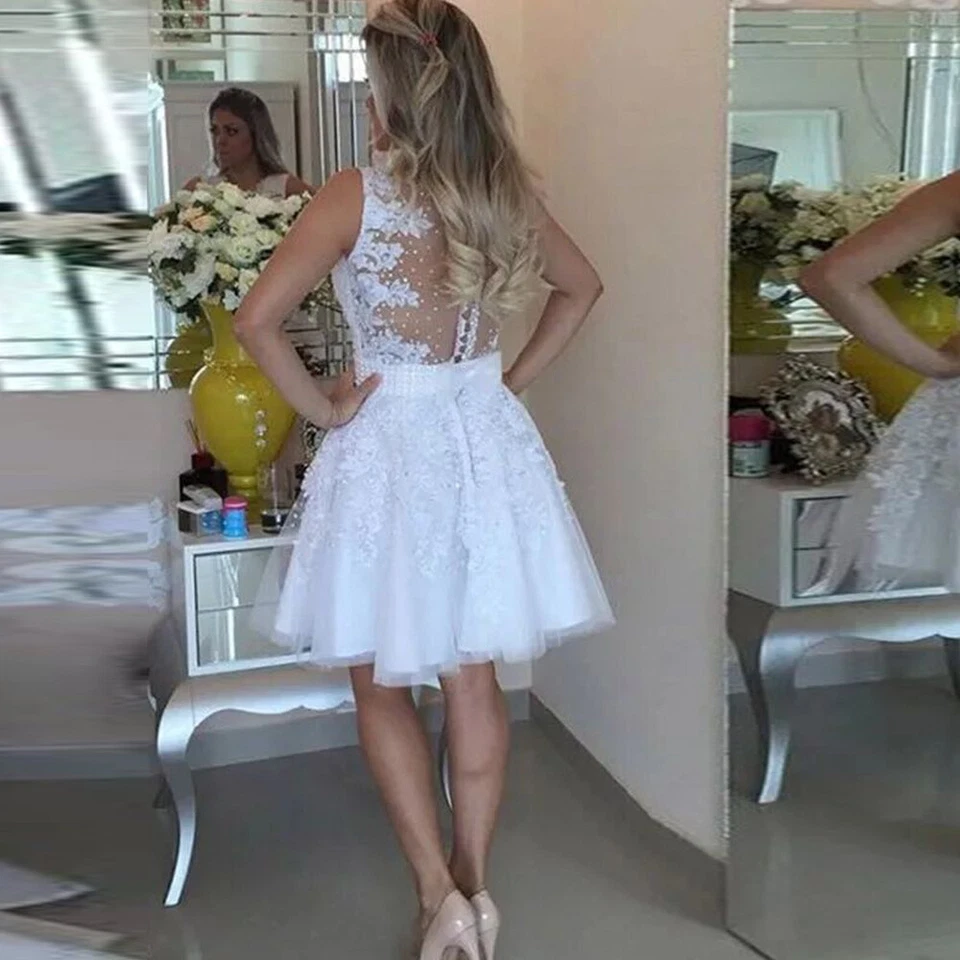 Mini Wedding Dresses Knee Length Beaded A Line Bridal Gowns White Lace Appliques - Image 3 of 4