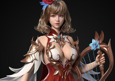 Anime cgi women brunette shoulder length hair dress harp Playmat Gaming Mat Desk