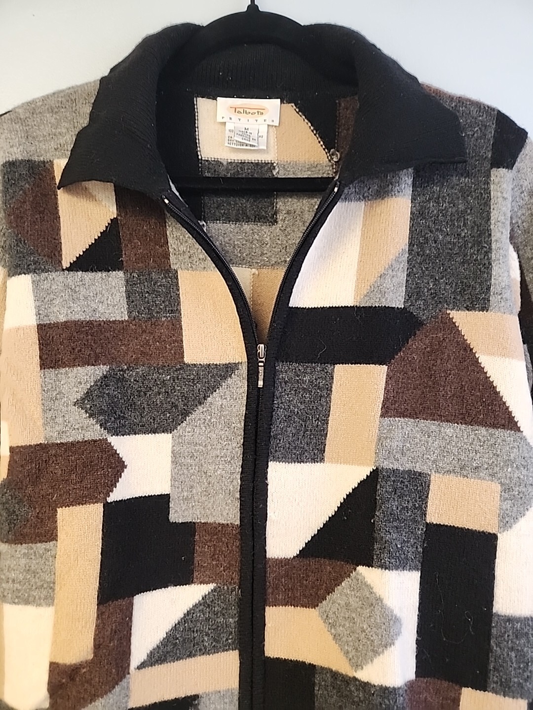 Talbots 100% Lambs Wool Brown Patchwork Full Zip … - image 2