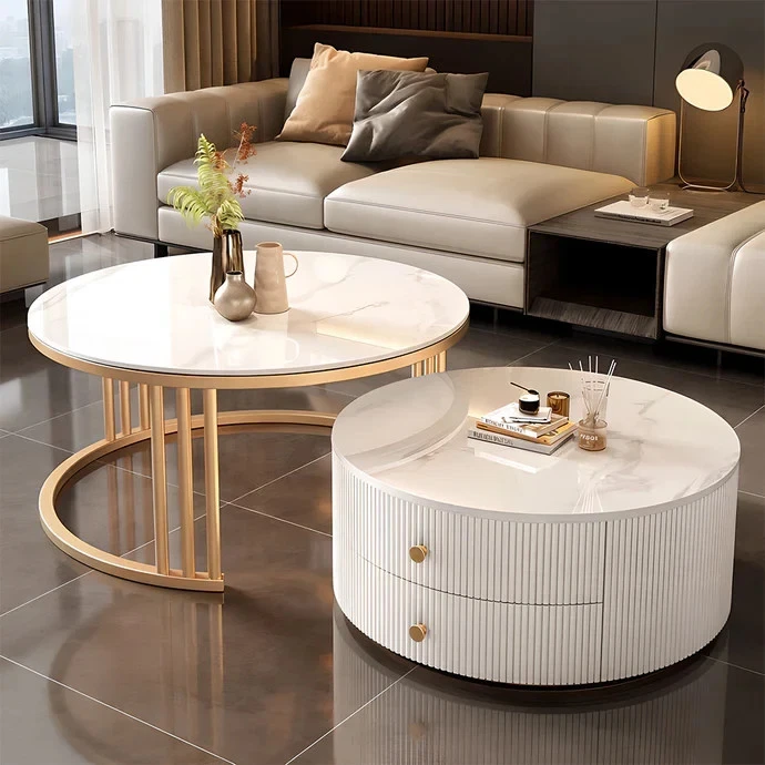 Modern Minimalist Stackable Coffee Round Table & Drawer Cabinet Set Gold Frame - image 2 of 3