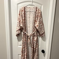 Bohemian Hippie Women's Beige Brown Geometric Kimono Tie Closure 3/4 Sleeve