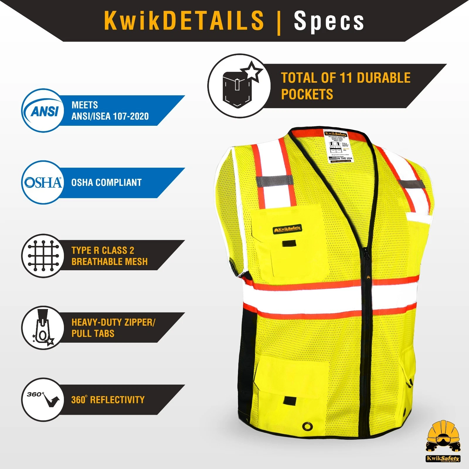 KwikSafety BIG KAHUNA (15 PACK) Hi Vis ANSI PPE Surveyor Class 2 Safety Vest - product detail image 5