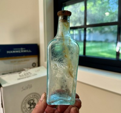 C & Co (Colgate & Co) Emb Monogram Perfume/Cologne Bottle Aqua 1920s Era 6 Oz