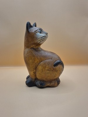 Vintage 6'' sitzende siamkatzenfigur aus Holz handgeschnitzt
