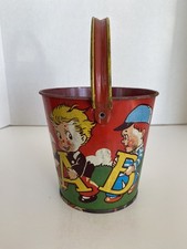 Vintage US Metal Toy Tin Litho Sand Pail, Children Holding Letters A B C D