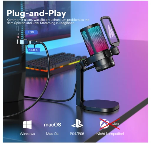 MAONO USB Gaming Mikrofon, Noise Cancellation Kondensator Microphone mit Mute, G - Bild 4 von 4