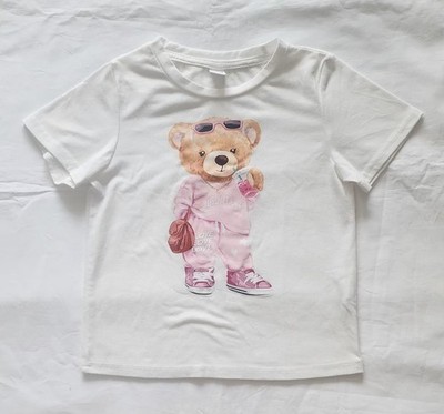 Girls Casual and Cute Cartoon Teddy Bear Pattern Short Sleeve T-Shirt 6 Y