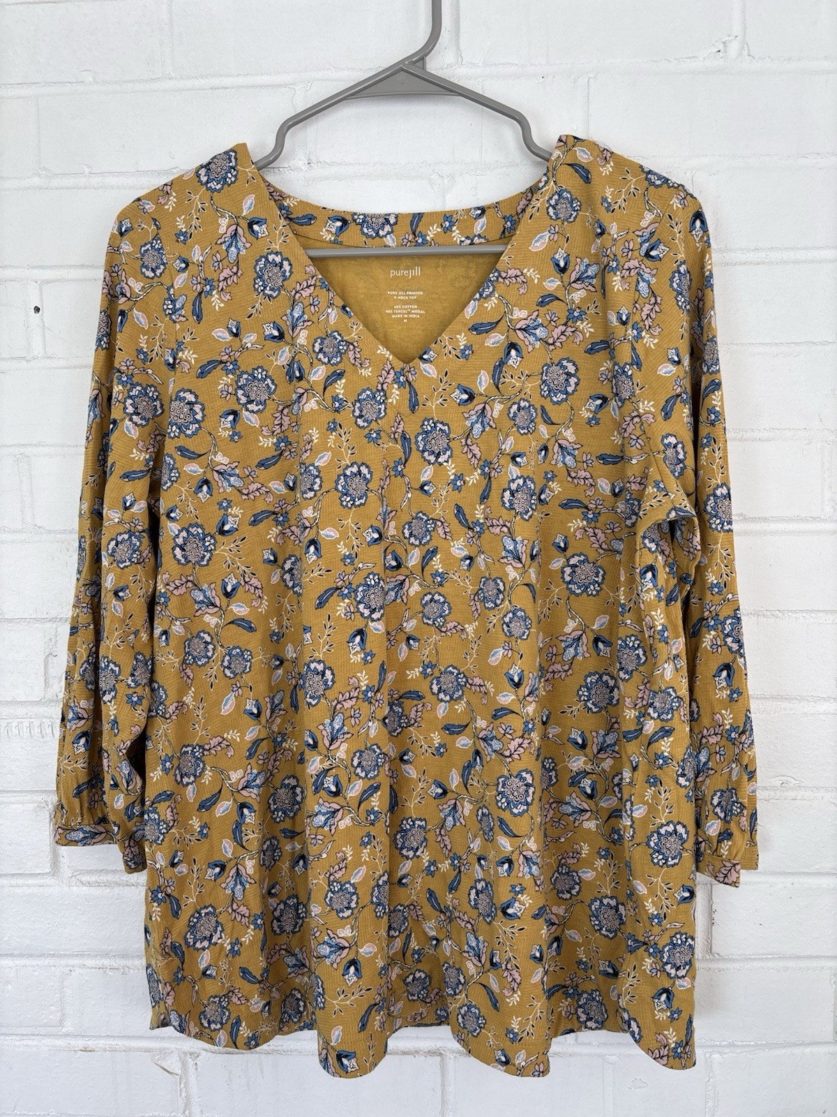 J. Jill Pure Jill Printed V-Neck Top Yellow Floral Size M
