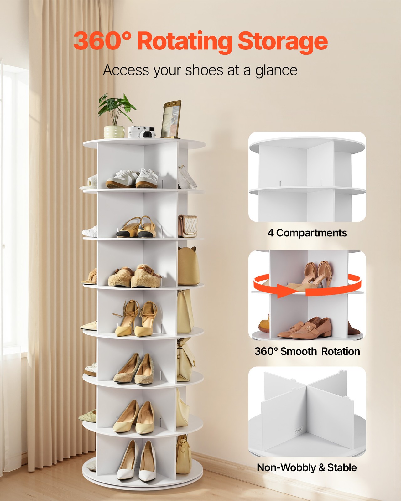 VEVOR 7 Tiers Rotating Shoe Rack Tower 360° Spinning Shoe Rack Display White