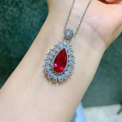 2.00Ct Lab Created Diamond Pear Red Ruby Beautiful Pendant 14K White Gold Finish