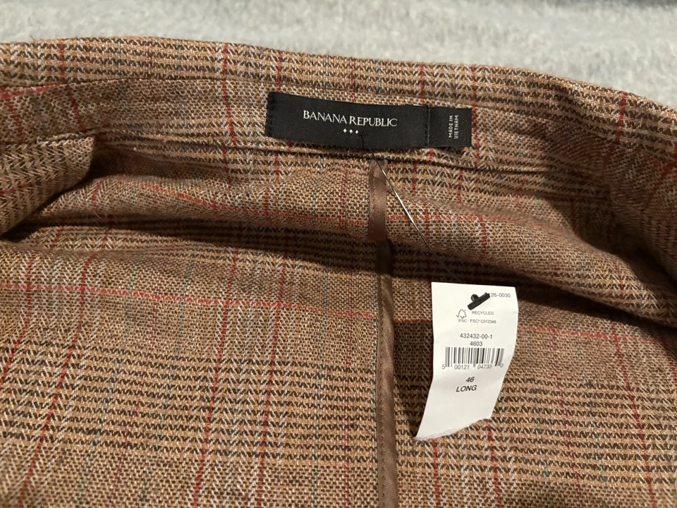 Chaqueta Blazer Abrigo Deportivo Banana Republic Mezcla de Lino Marrón a Cuadros para Hombres 46L Nuevo con Etiquetas Foto 3 de 4