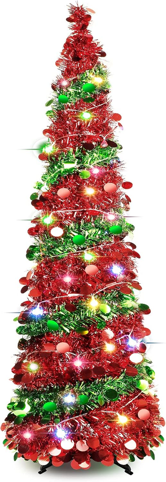 5 FT Collapsible Sequin Pop up Christmas Tree with 90 LED Lights, Skinny Pencil