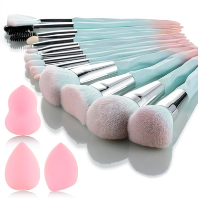 Pink Blue Gradient Makeup Brushes and Makeup Sponges Set 18Pcs/Set ，Soft Synthet
