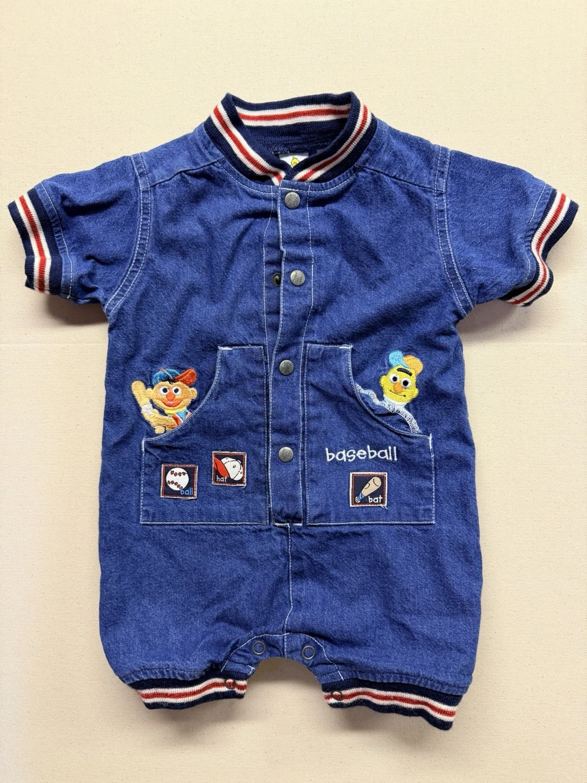 Vintage 90s Y2K Sesame Street Denim Romper Embroidered 18 Months