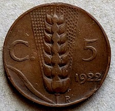 Italy 5-centesimi coin, 1922 KM# 59, copper. King Victorio Emmanuel III. Wheat.