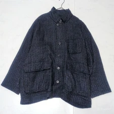 Pas de Calais Shetland Wool Linen Herringbone Jacket Raw Edge Navy Size36 Exc