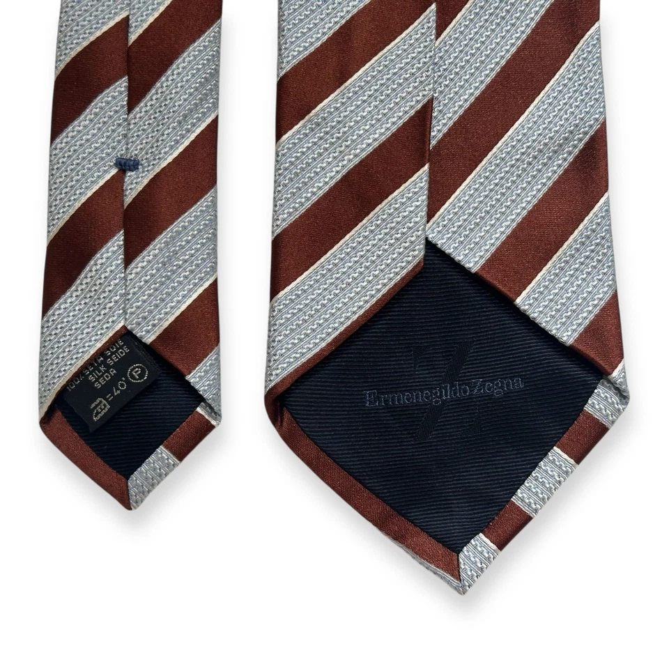Corbata de seda Ermenegildo Zegna marrón × azul claro a rayas jacquard 9,0 cm buena Foto 4 de 4