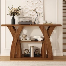 Console Tables, 55-Inches Walnut Console Table with Storage 3-Tier Farmhouse ...