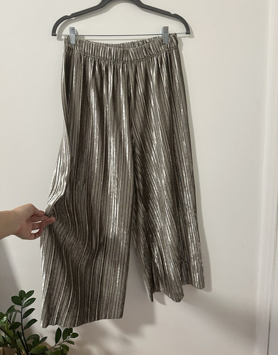 Gina Tricot Silver Pleated Wide-Leg Pants Pull On Elastic Waist Large