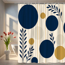 Navy Blue and Gold Shower Curtain with Botanical Design