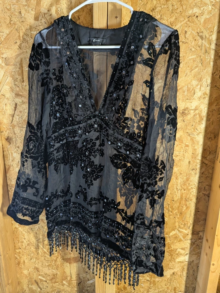 ECI Polyester Sheer Sequined And Tasseled Black Top - Image 4 of 4
