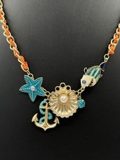Ocean Necklace Gold Orange Teal Enamel Fish Starfish Clam 20  EUC