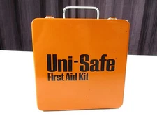 Vintage UNI-SAFE First Aid Kit Orange White Metal Box Collectible