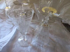Set of 8 Etched Design Fostoria (?) Crystal 7-1/4" Tall GLASSES Pattern Unknown