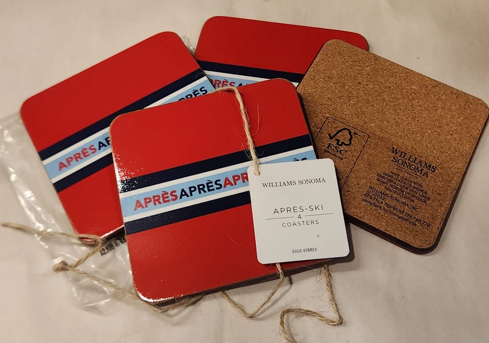 WILLIAMS SONOMA Après Ski Coasters Set of 4 French Sous Verres Cork Back 4x4 NIP - Image 3 of 4