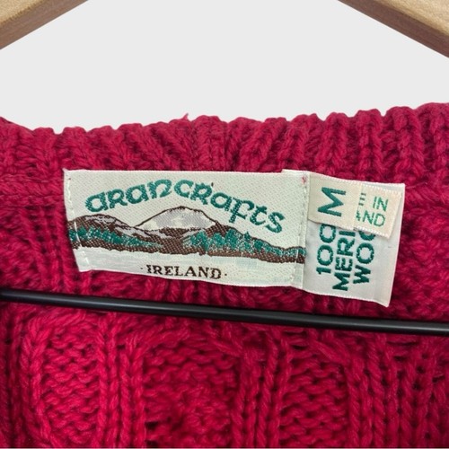 Aran Crafts Red Cable Knit Merino Wool Zip Up Hoodie Size Medium - Picture 2 of 5
