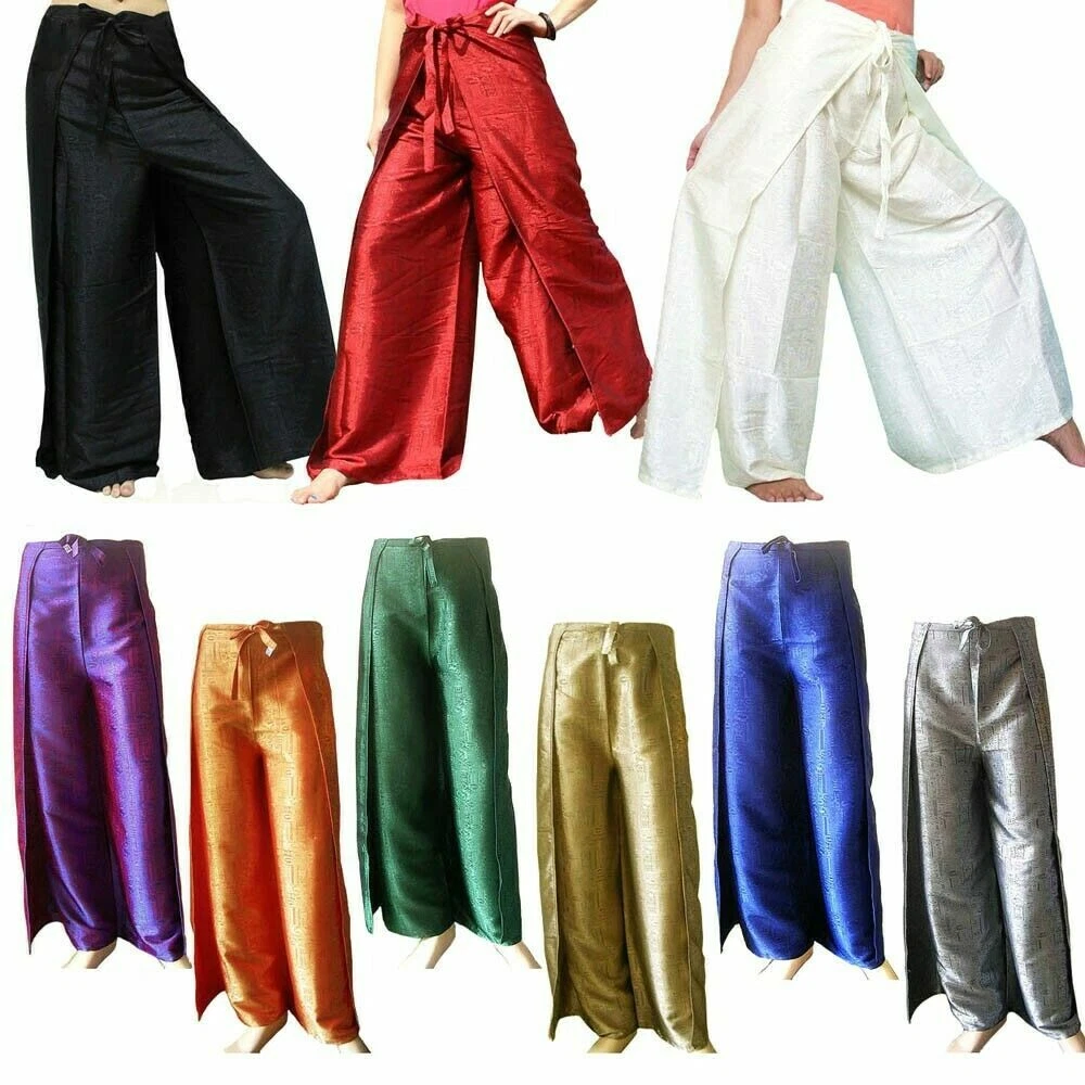 Women's Thai Silk Fisherman Wrap Pants Sarong Palazzo Flared Leg