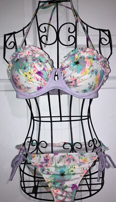 VICTORIA S SECRET String Bikini Lavender Floral Ruffle Push Up Top 34A Sm