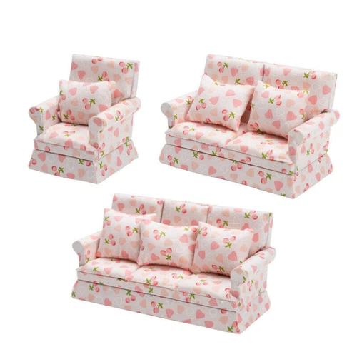 9-teilig 1/12 Puppenhaus Möbel Kirsche Herz Stoff Sofa Garnitur mit Kissen - Bild 1 von 4
