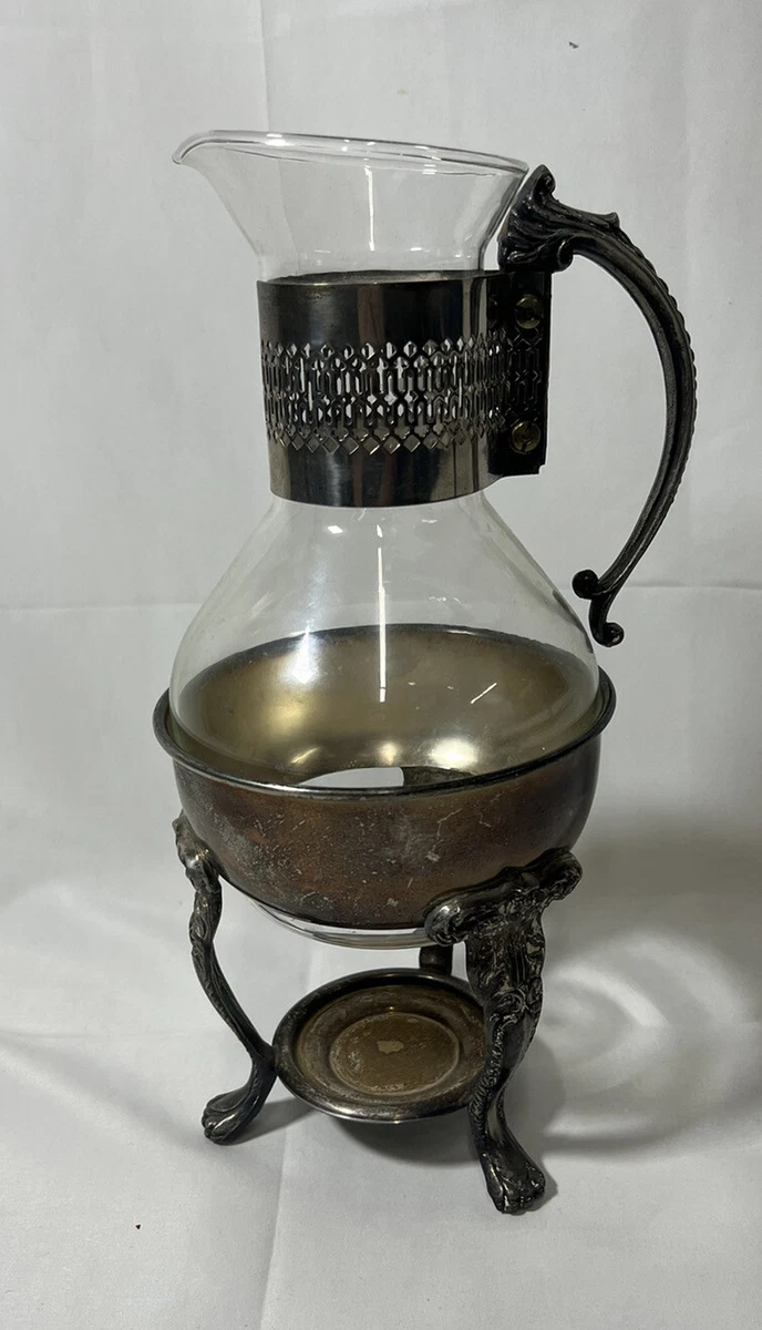 Vintage Silver Plate & Glass Coffee / Tea Carafe Pitcher With Warmer Stand