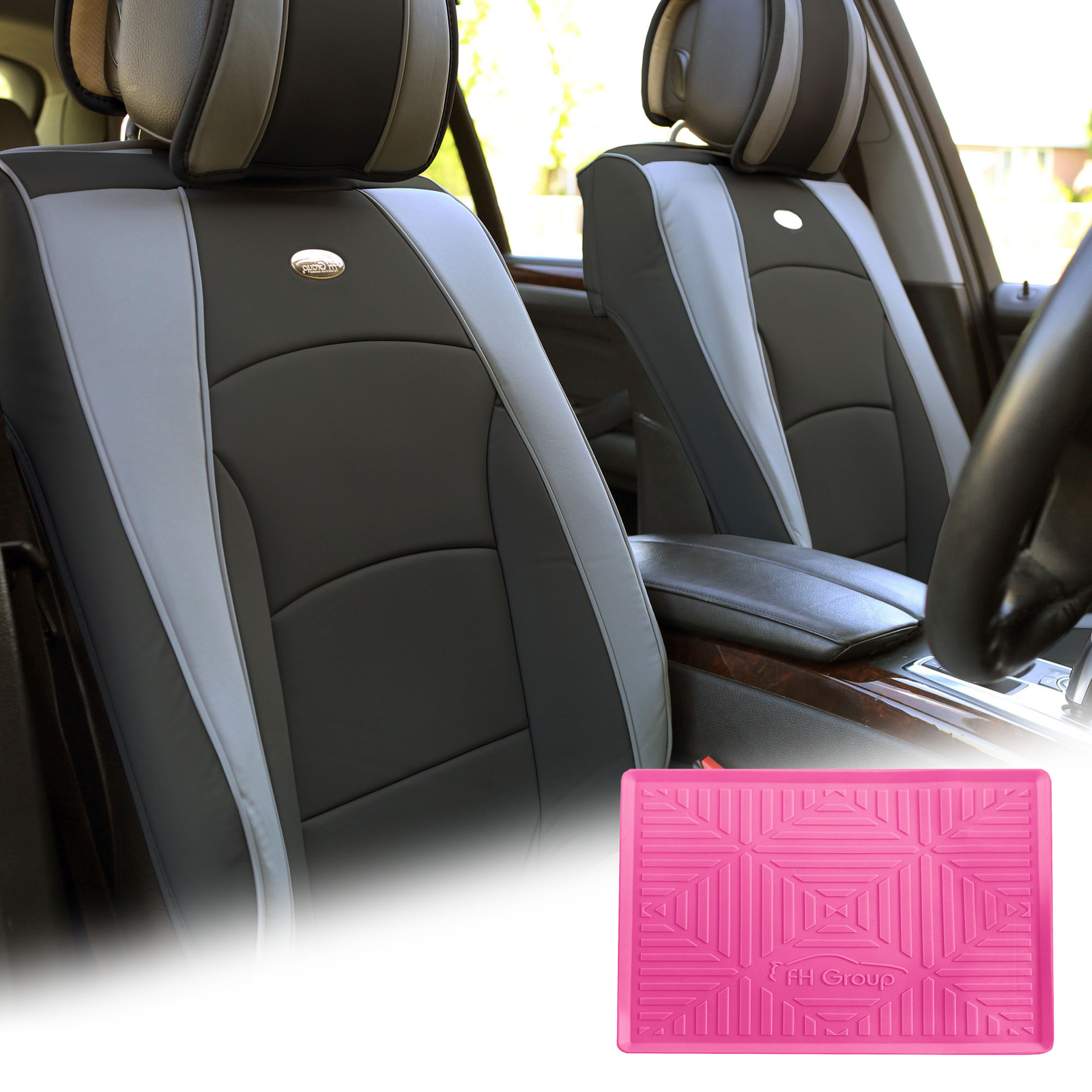 Leatherette Seat Cushion Covers Front Bucket Gray w/ Pink Dash Mat For SUV