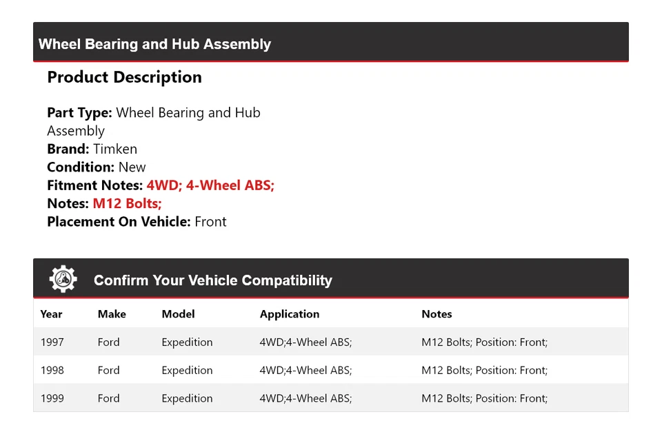 Conjunto de cojinete de rueda y buje delantero Timken para Ford Expedition 1997-1999 4x4 Foto 2 de 4