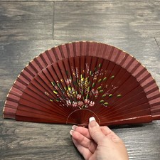Vintage Ladies Wood Paper Folding Fan Handprint With Flowers Signed By AJB