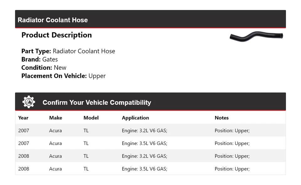 适用于 2007 - 2008 讴歌 TL 散热器 冷却液 软管 上门 — 第 2/4 张图片