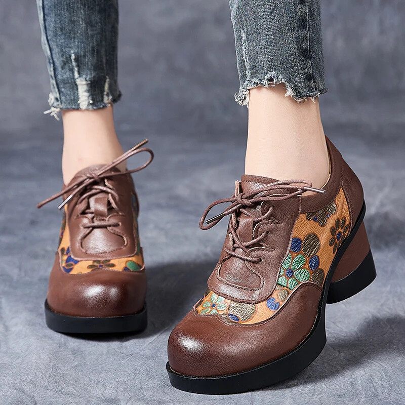 Women Autumn Winter Retro Printed High Heels Leather Pumps Flower Lace-up Shoes