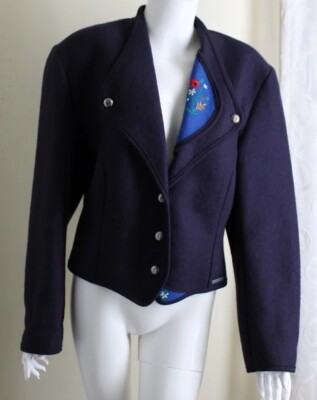Giesswein Austria 44 12 14 Embroidered Navy Austrian Trachten Wool Jacket Blazer
