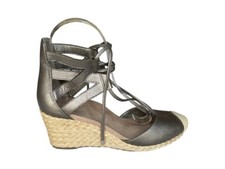 Vionic Aruba Calypso Espadrille Lace Up Wedge Leather Sandal Pewter Sz 7 EUC