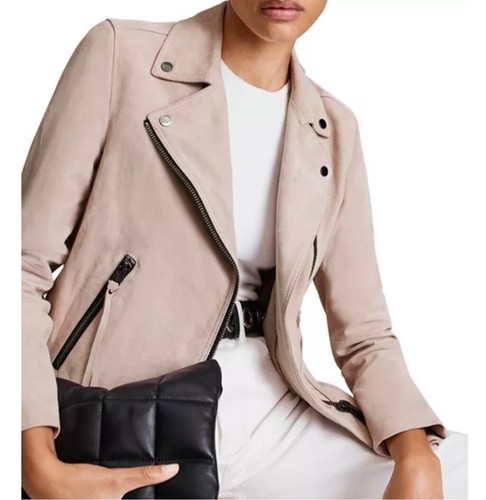 ALLSAINTS Dalby Suede Biker Jacket in Dusty pink Size 4 MSRP$549 New With tags - Picture 3 of 12