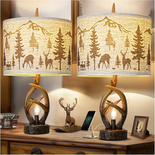 Rustic Deer Antler Table Lamp Set of 2 with USB Ports for Living Room  Bedroom