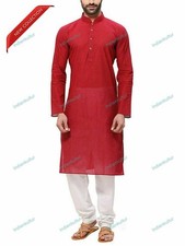 Indian Traditional Mens Wear Cotton Solid Pathani Kurta Top Tonic Kurta Mens
